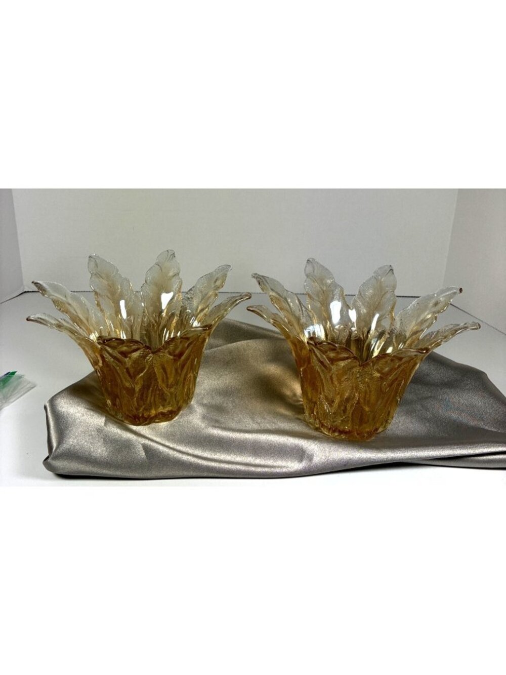 Vintage Italian Art Glass Flower Candle Holders Pair Amber Gold Murano Style